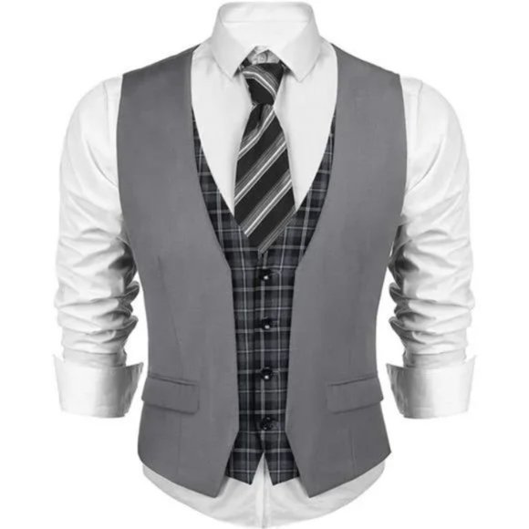New 𝅺Men's Suit Vest Waistcoat Layered Grey Plaid - Picture 1 of 6
